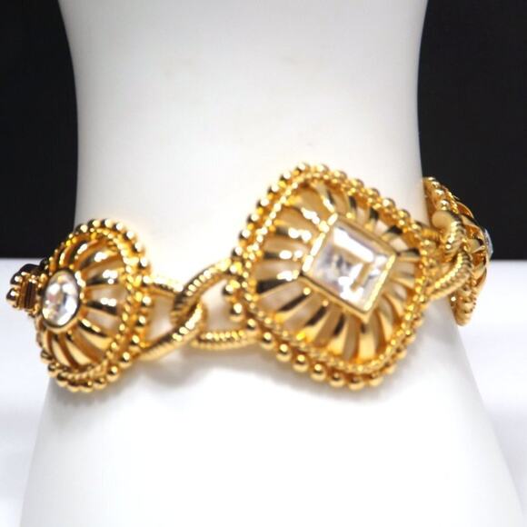 Vintage Gold Medallion Bracelet, Clear Rhinestones, Fold Over Clasp, 6 3/4 Inch - Picture 1 of 8